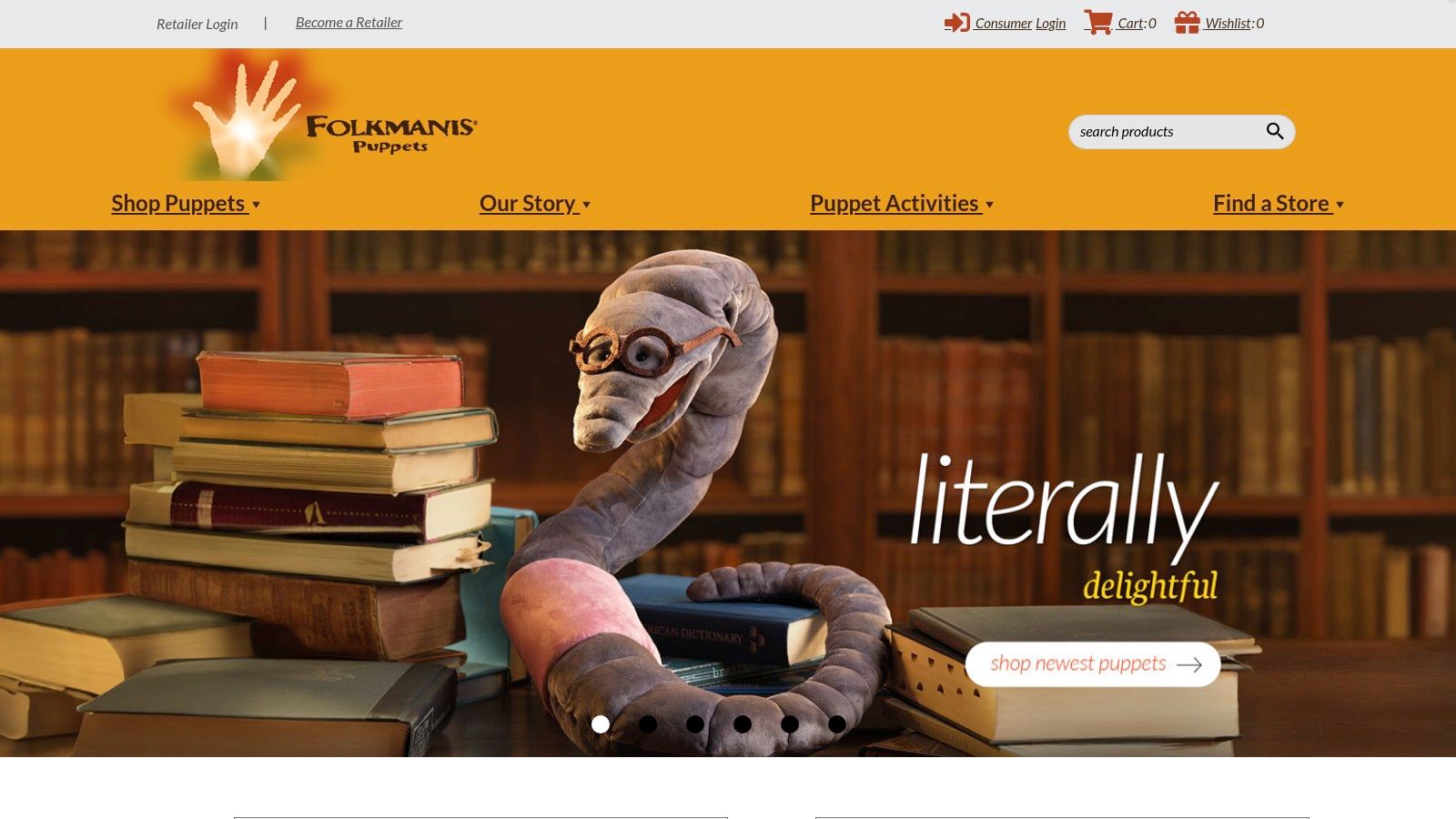 Folkmanis hand puppet showing a detailed bookworm puppet