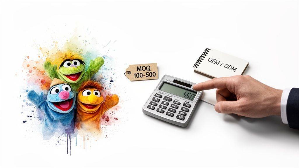 Colorful hand puppets alongside a businessman's hand using a calculator with MOQ and OEM/ODM details.