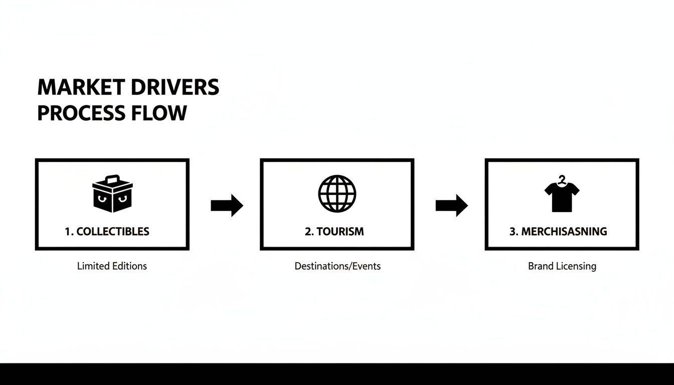 Market drivers process flow: Collectibles (Limited Editions) leads to Tourism (Destinations/Events) then Merchandising (Brand Licensing).