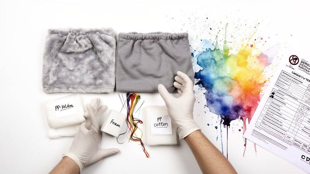Two gloved hands examine various textile samples, colorful threads, and a care test document on a white background with a paint splash.