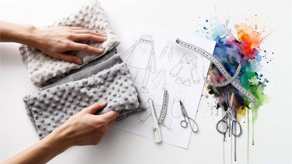 Hands holding textured fabrics, next to puppet designs, sewing tools, and vibrant watercolor art.