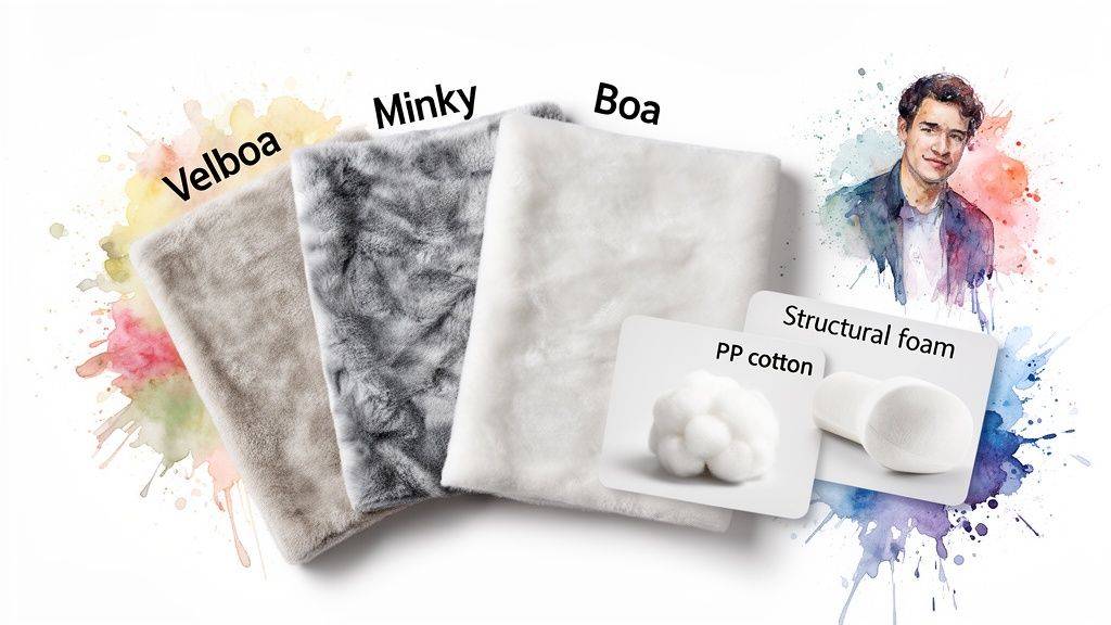 Three plush fabrics (Velboa, Minky, Boa) and two fillings (PP cotton, structural foam) for soft toys.