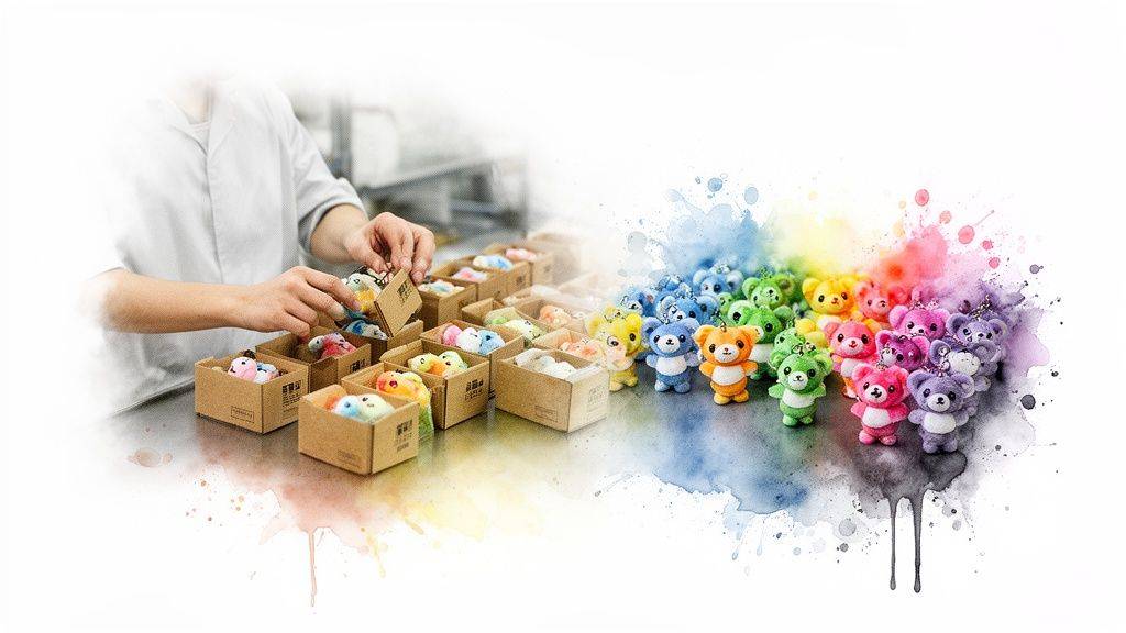 Hands pack colorful plush teddy bear keychains into small boxes, beside a vibrant rainbow assortment.