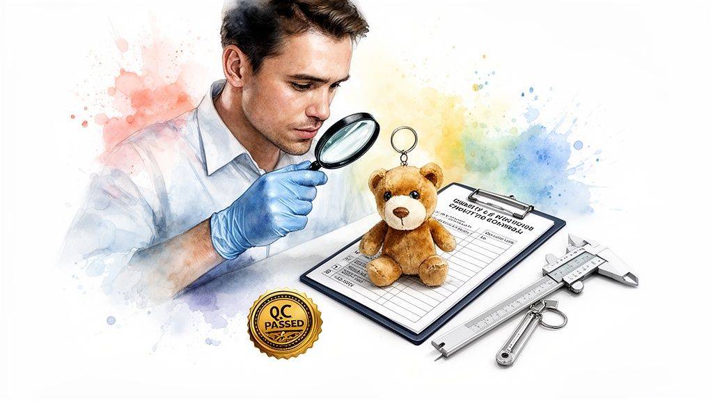 A man in gloves meticulously inspects a teddy bear keychain with a magnifying glass for quality control.