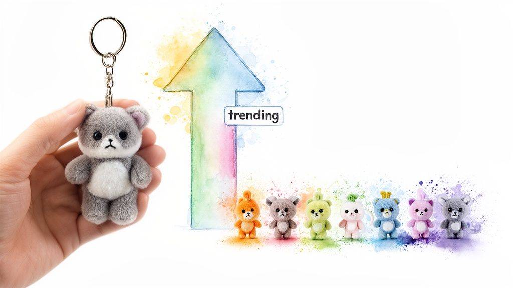 A hand holds a grey plush bear keychain, with a watercolor trending arrow and colorful plush bears.