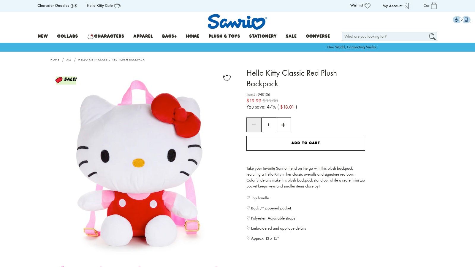 Sanrio – Hello Kitty Classic Red Plush Backpack