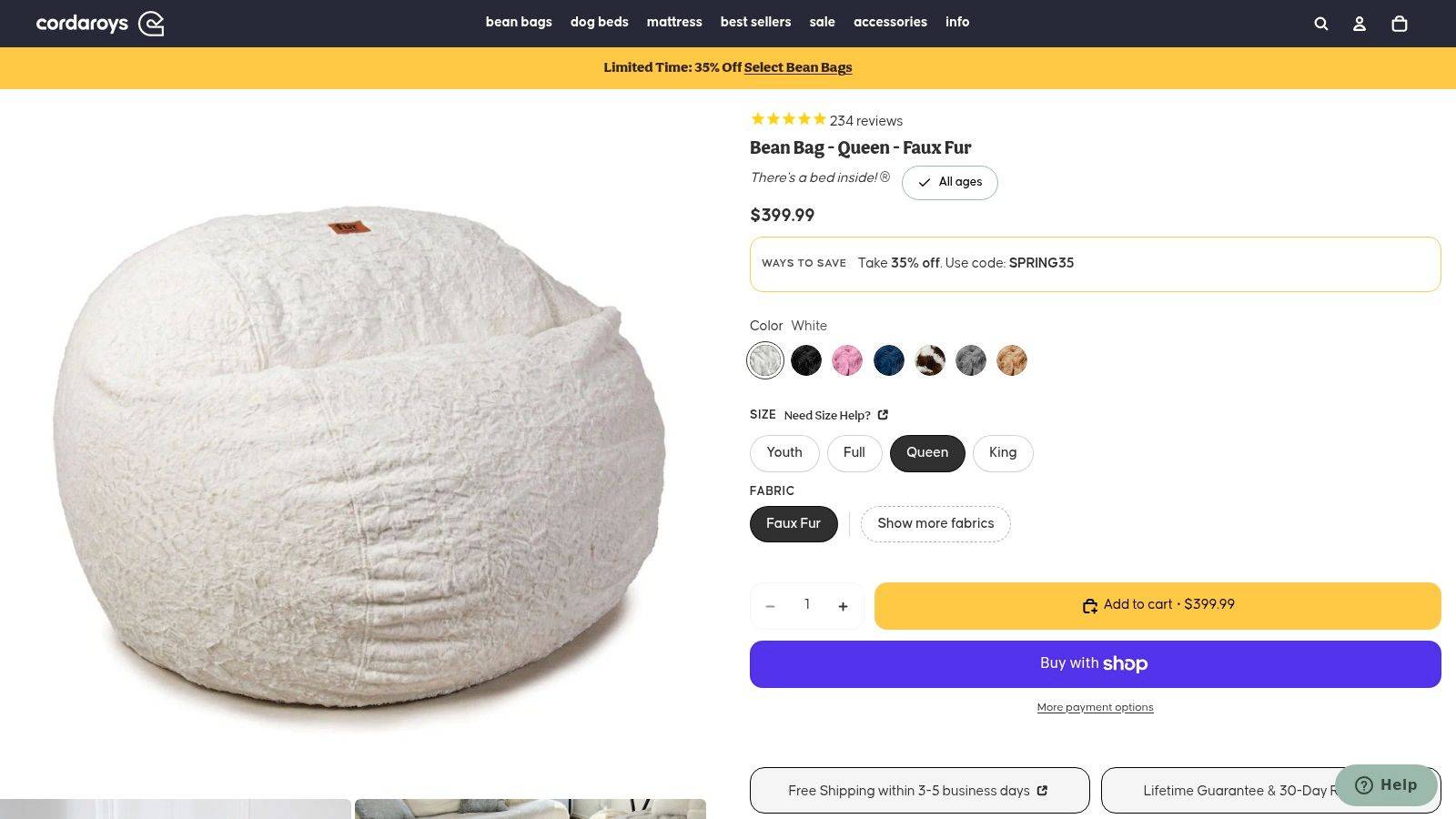 CordaRoy’s Faux Fur Convertible Bean Bag