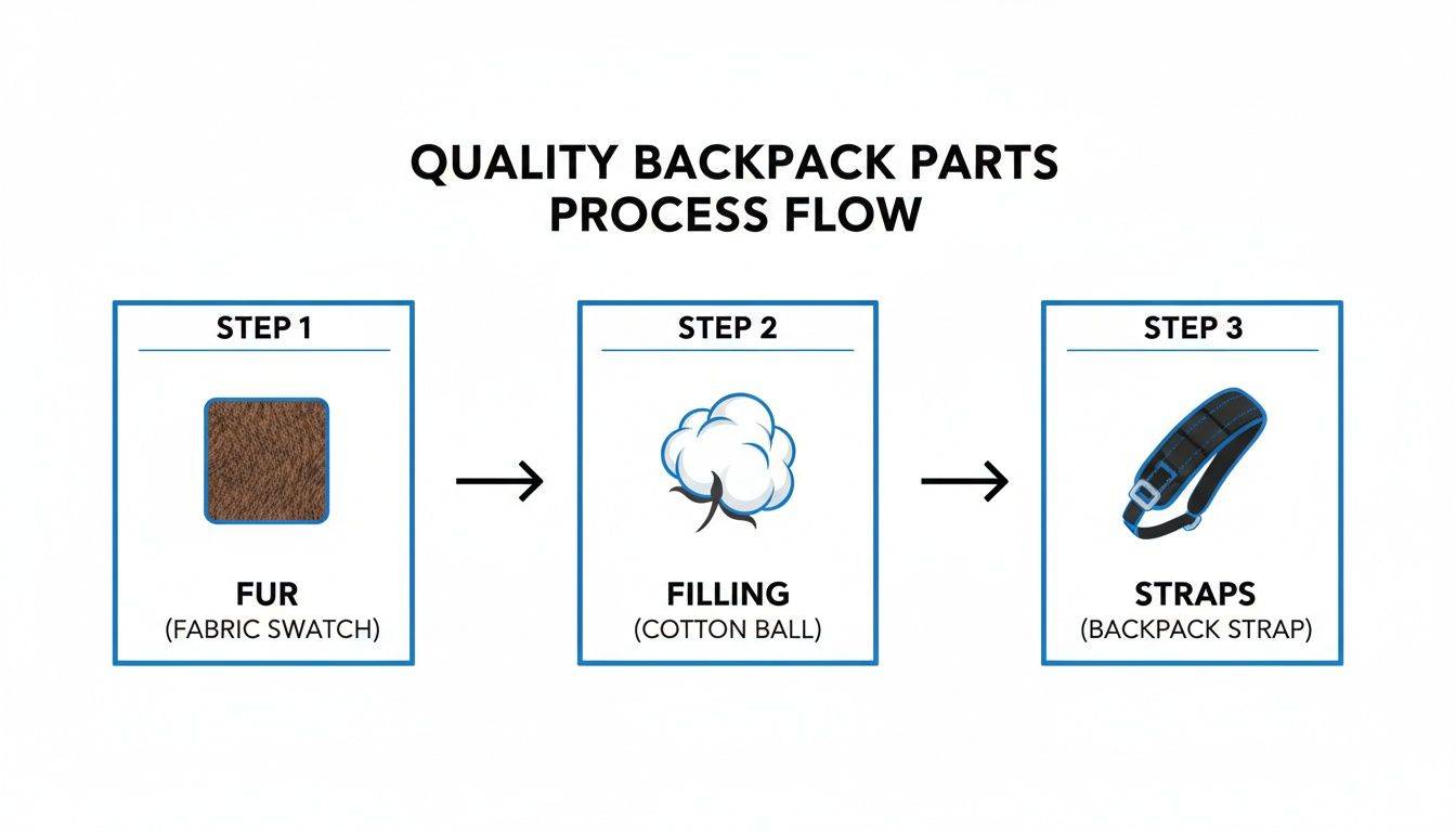 A process flow diagram illustrating three steps for quality backpack parts: fur, filling, and straps.
