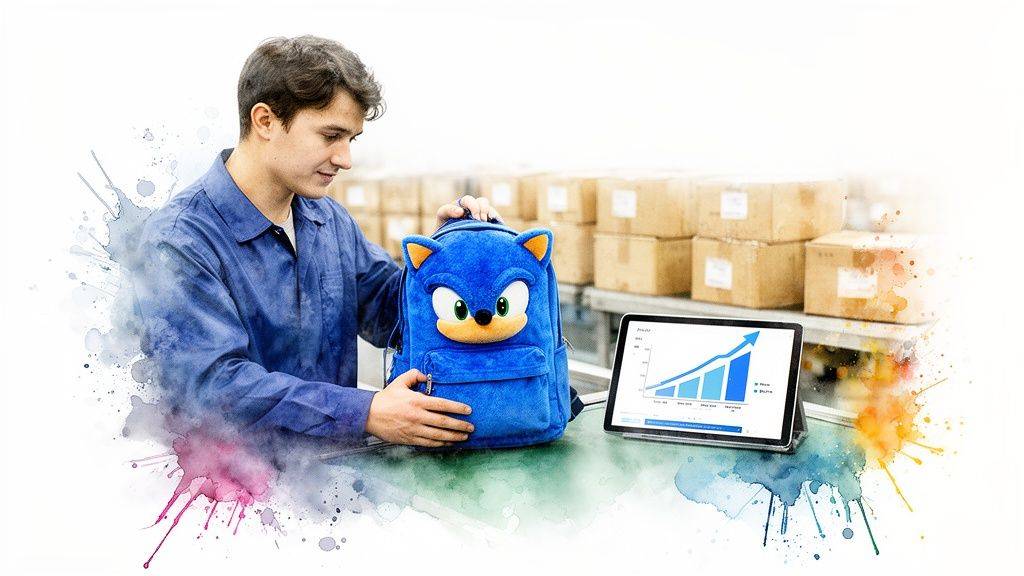Young man inspects a blue Sonic plush backpack and growth chart on a tablet in a warehouse.