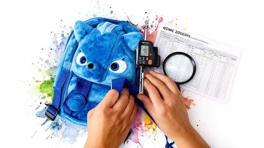 Hands measuring the strap of a blue plush backpack with a digital caliper for quality control.
