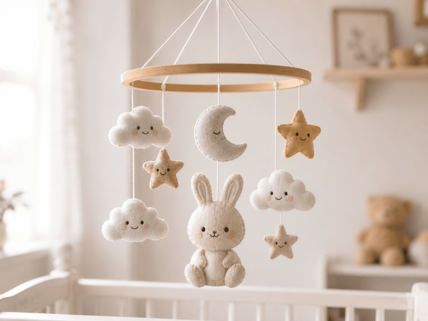 Baby crib mobile with plush hanging toy characters for infant product development