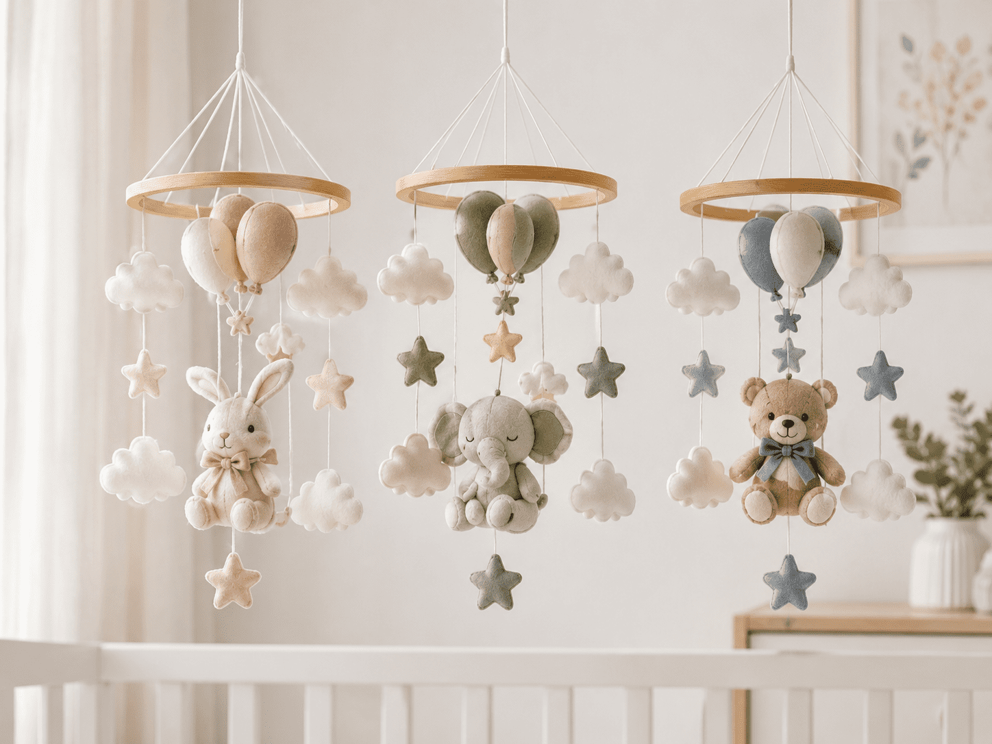 Baby mobiles for cribs with custom colors themes and plush toy details