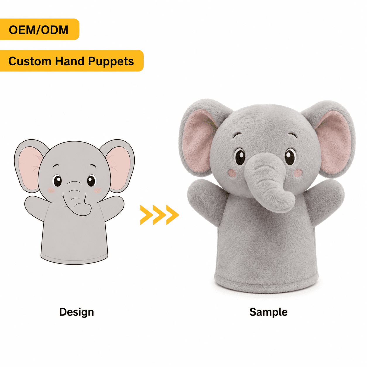 Plush hand puppets made from design concept to sample