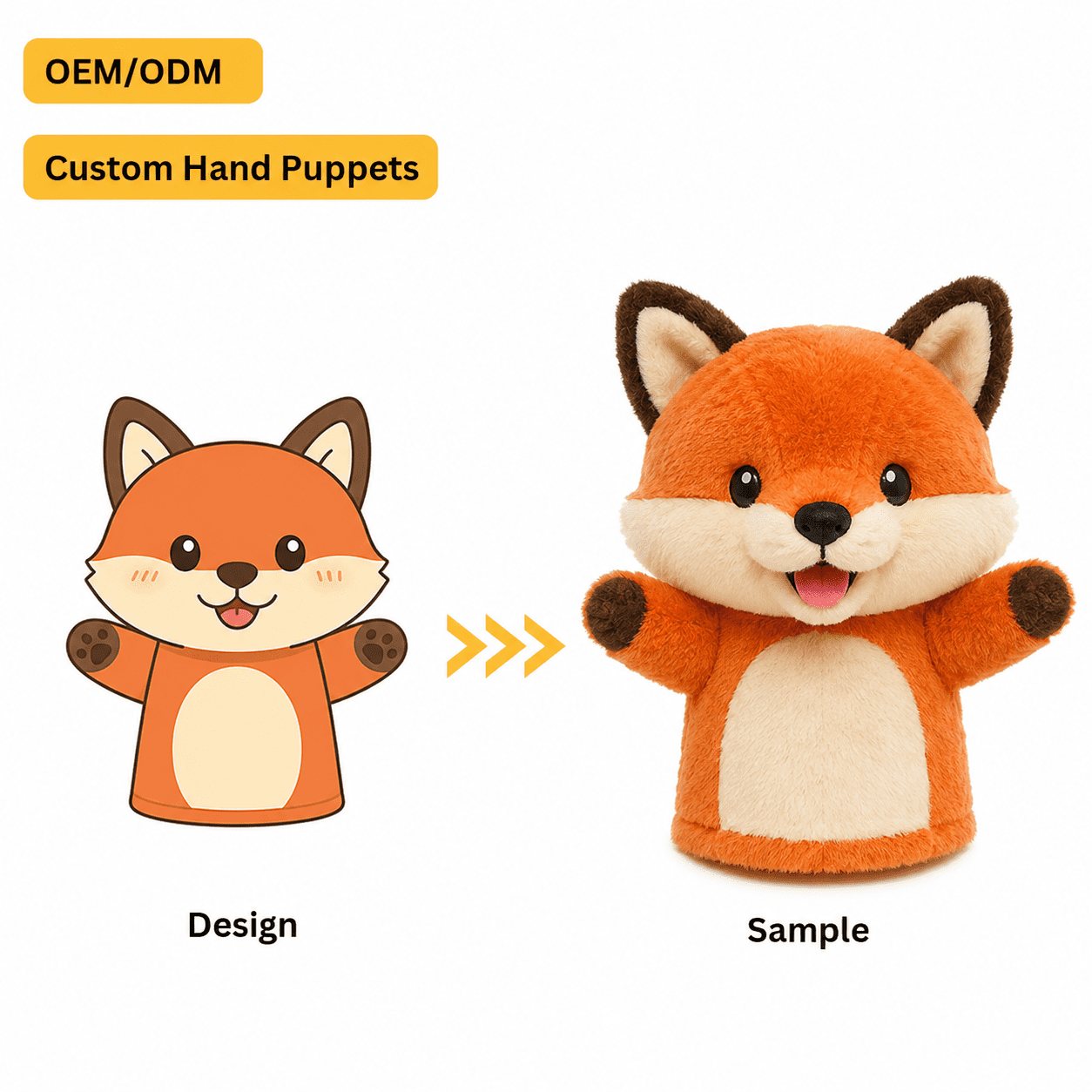 Custom character puppet design with plush hand puppet sample