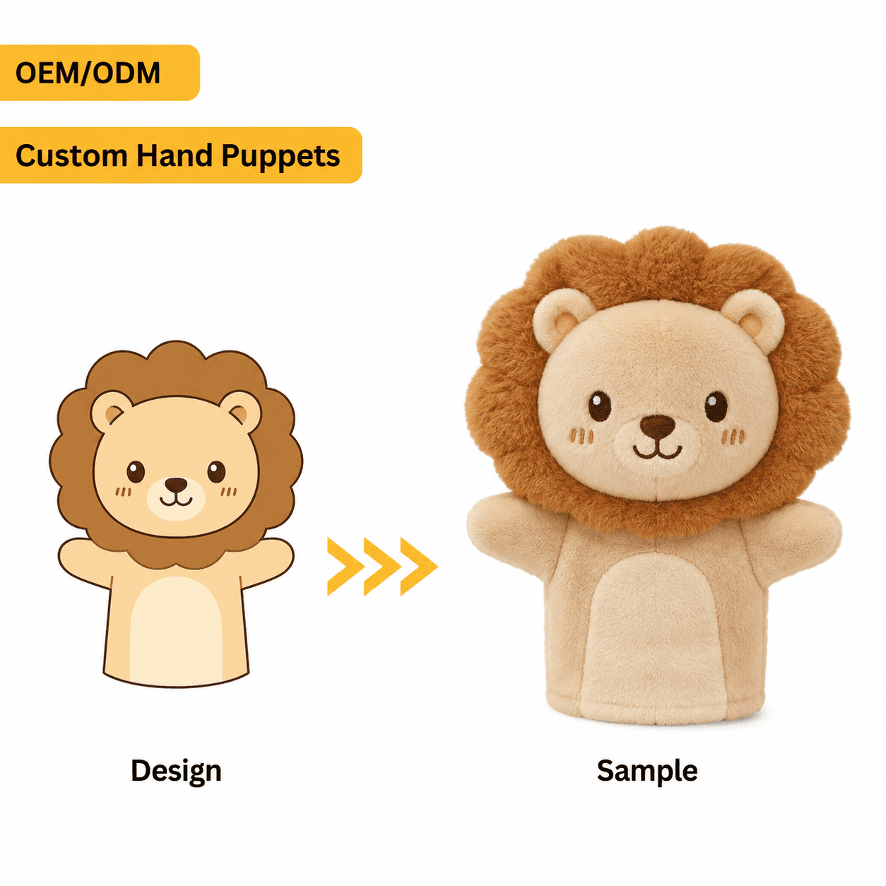 Custom hand puppet sample for brand and educational toy projects