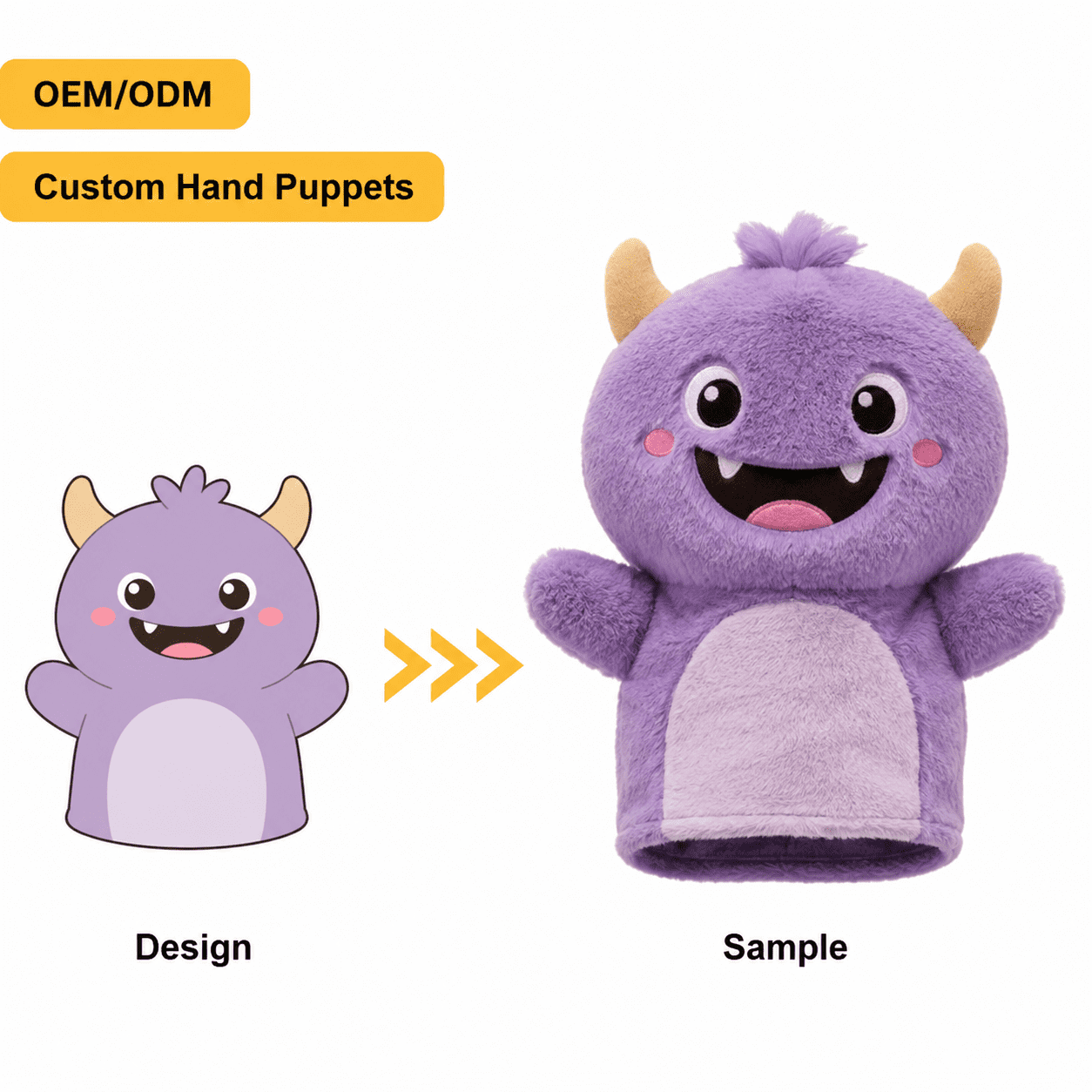 Custom plush hand puppet design and finished sample