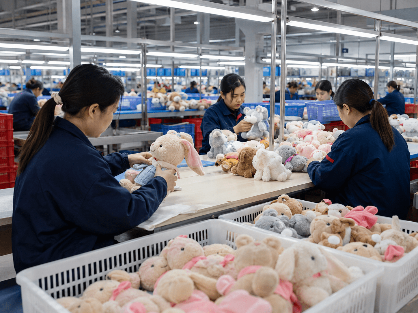 Plush toy production line with workers checking ready to ship plush toys