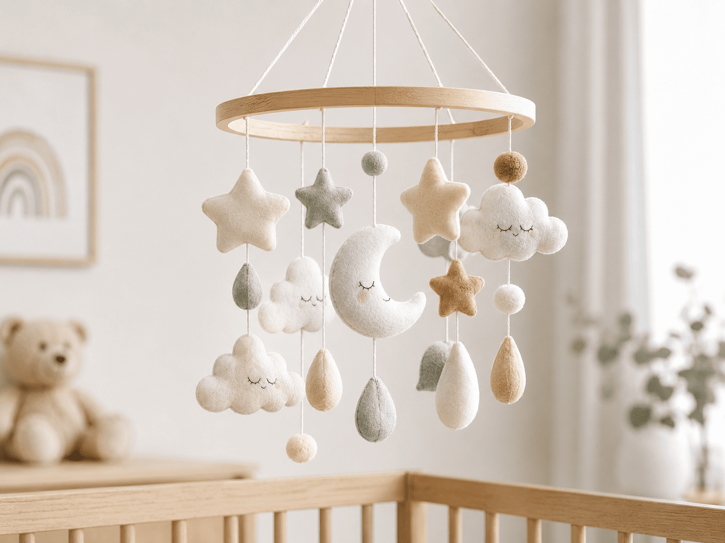 Mobile for baby crib with soft plush hanging toy details and safe materials