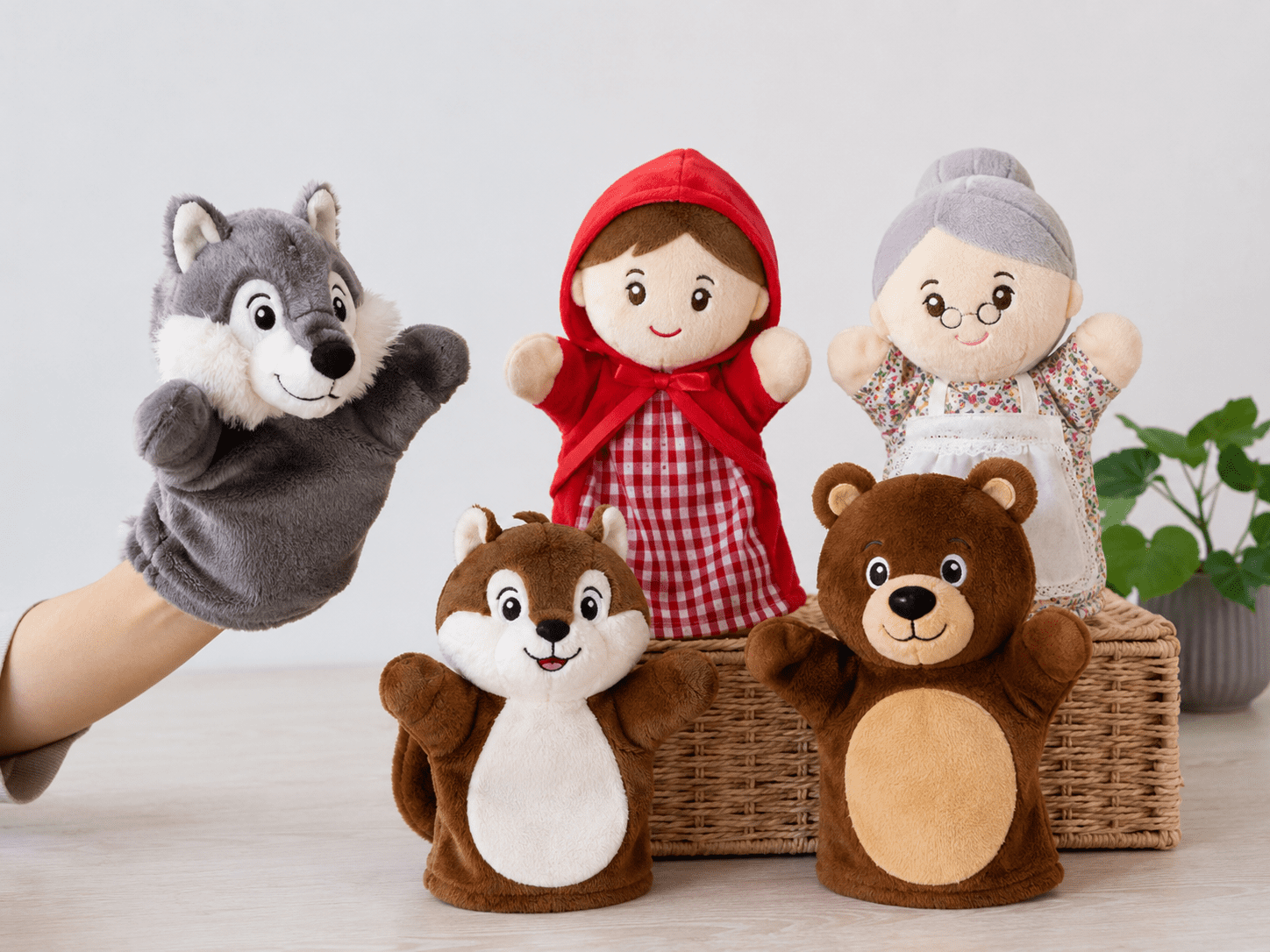 Plush puppet set with multiple hand puppets for kids play and retail projects