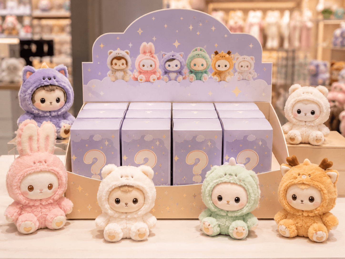 Retail plush blind box collections with blind box packaging and retail collectibles