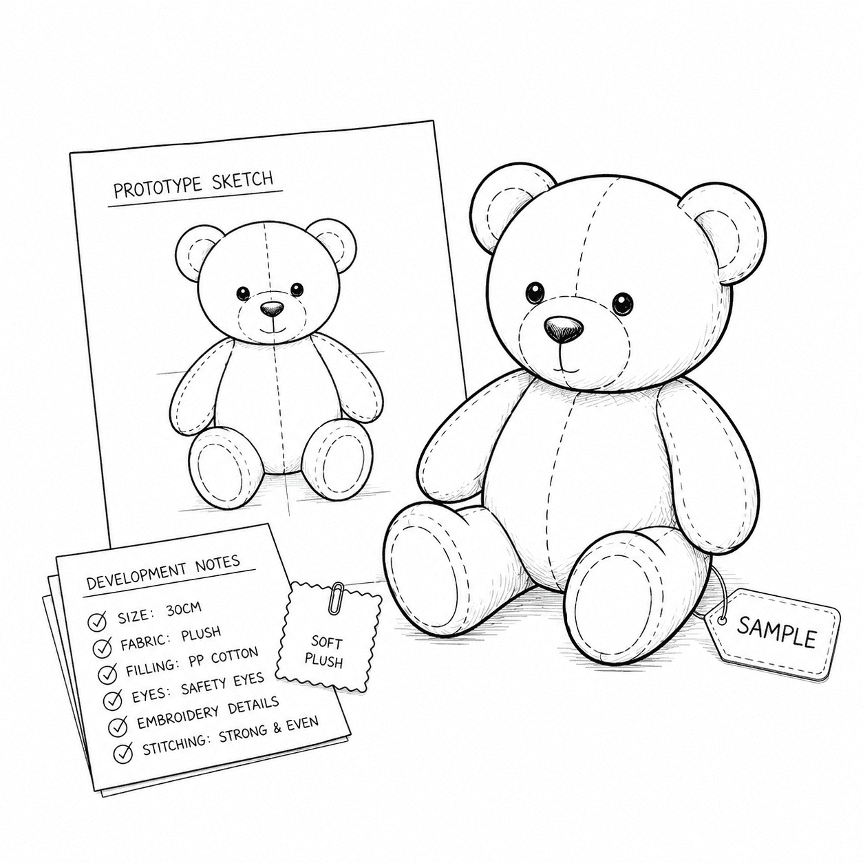 Fabric textures and sewing notions used by a custom plush toy manufacturer