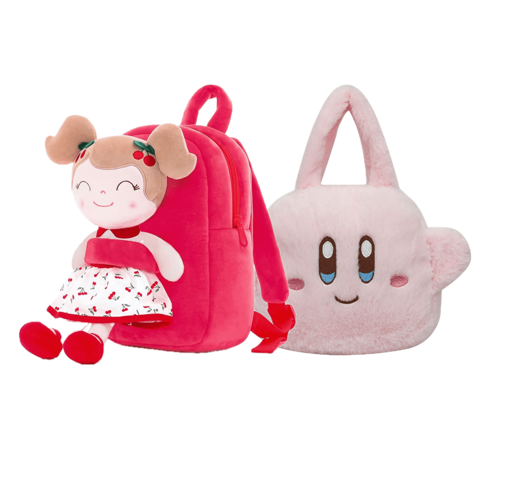 Custom plush bags including plush backpacks, handbags, crossbody bags, and coin purses