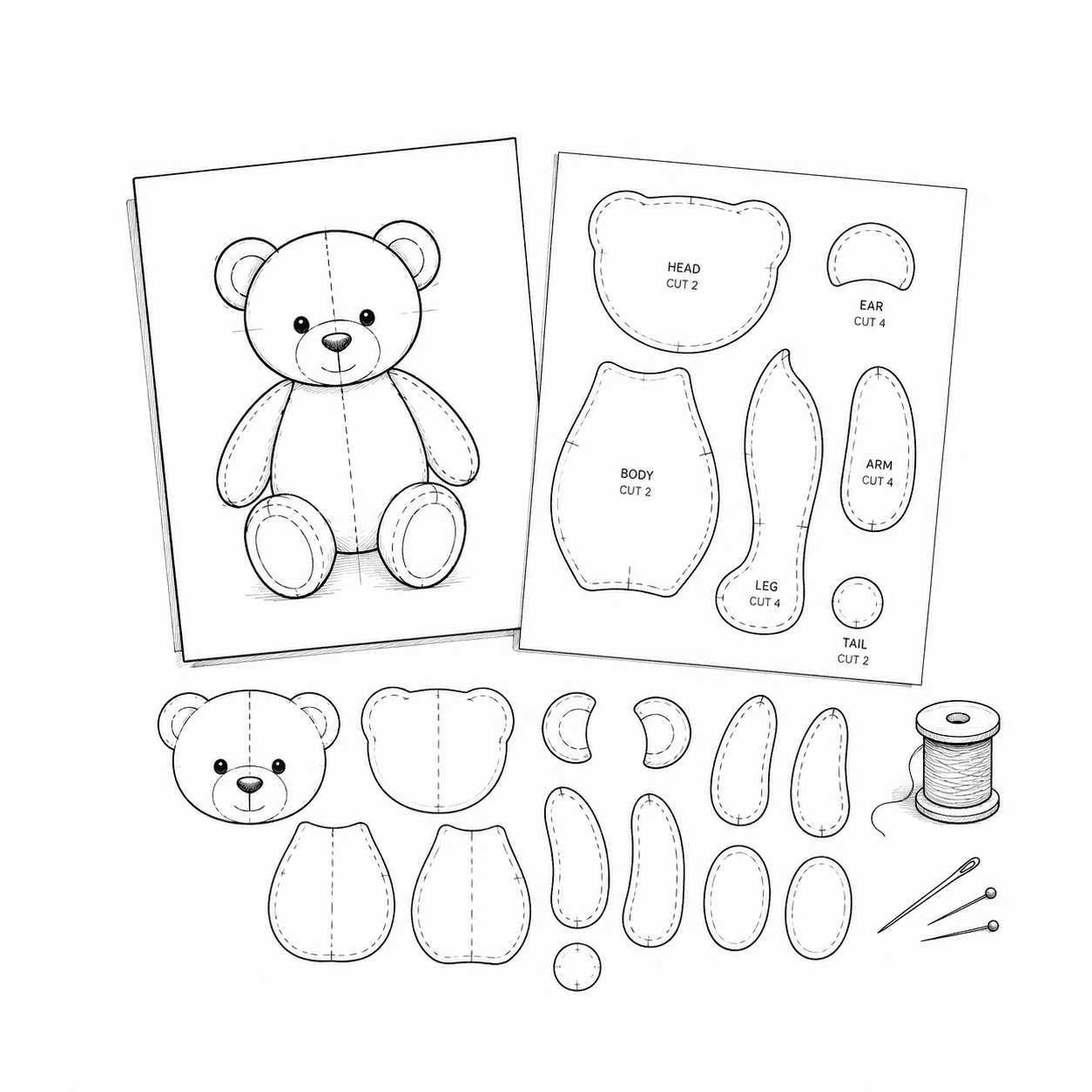 Teddy bear sewing pattern illustration for custom plush toy development