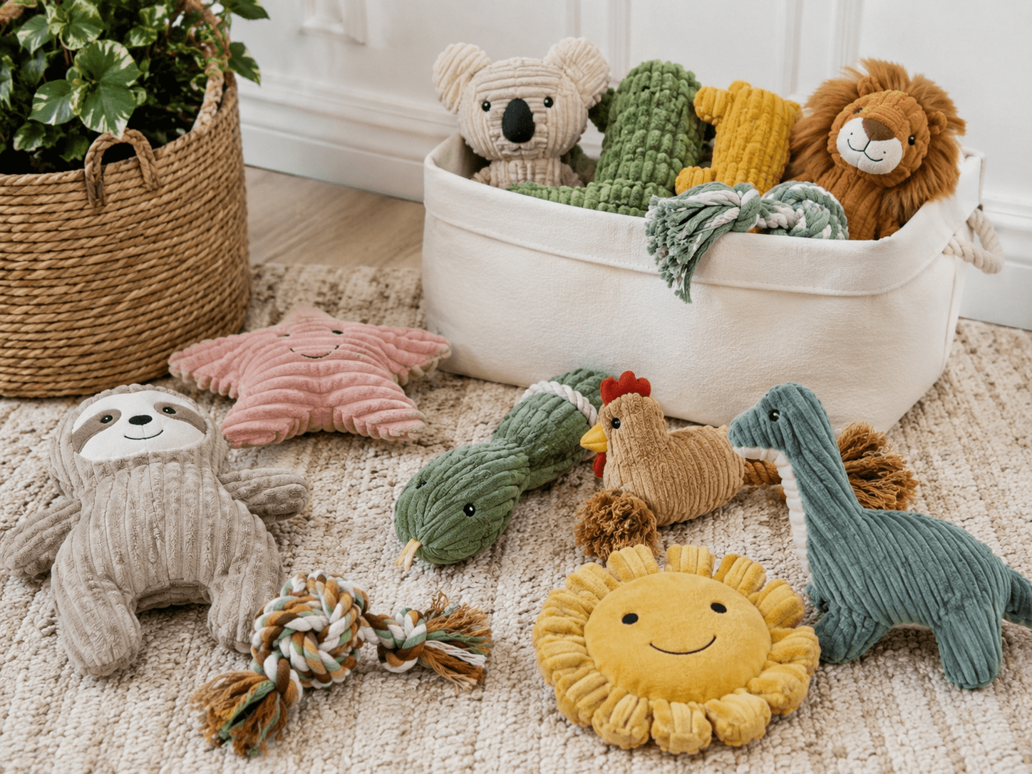 Interactive pet plush toy with rope knots squeaker and soft stuffed animal design