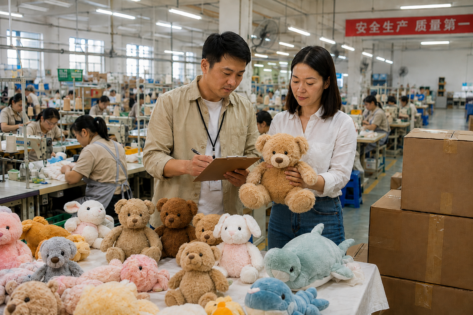 Plush toy manufacturers in China performing quality inspection on finished teddy bears